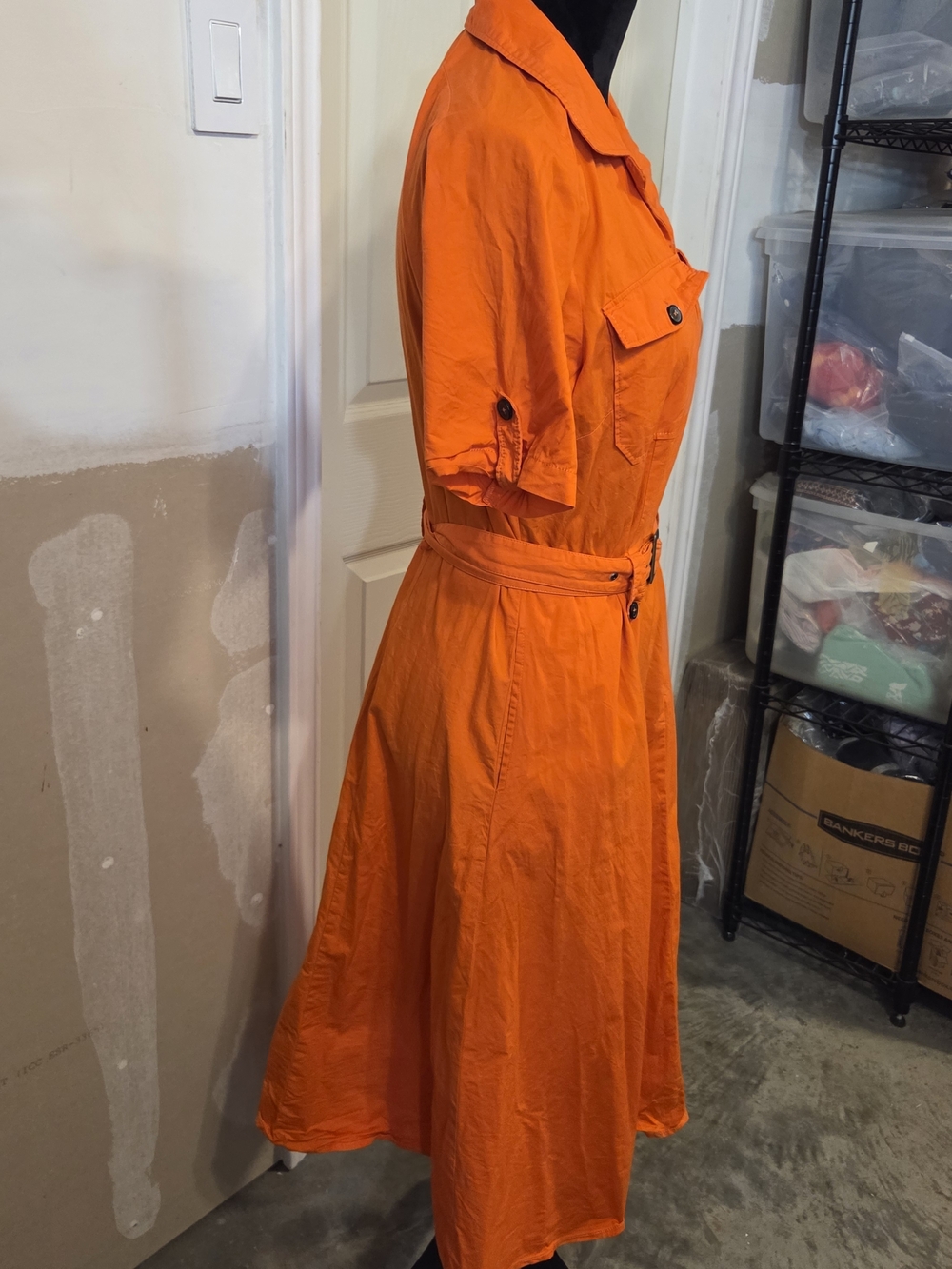 eShakti Vibrant Orange A Line Feminine Short-Sleeve Utility Midi Dress Belted - Picture 3 of 16